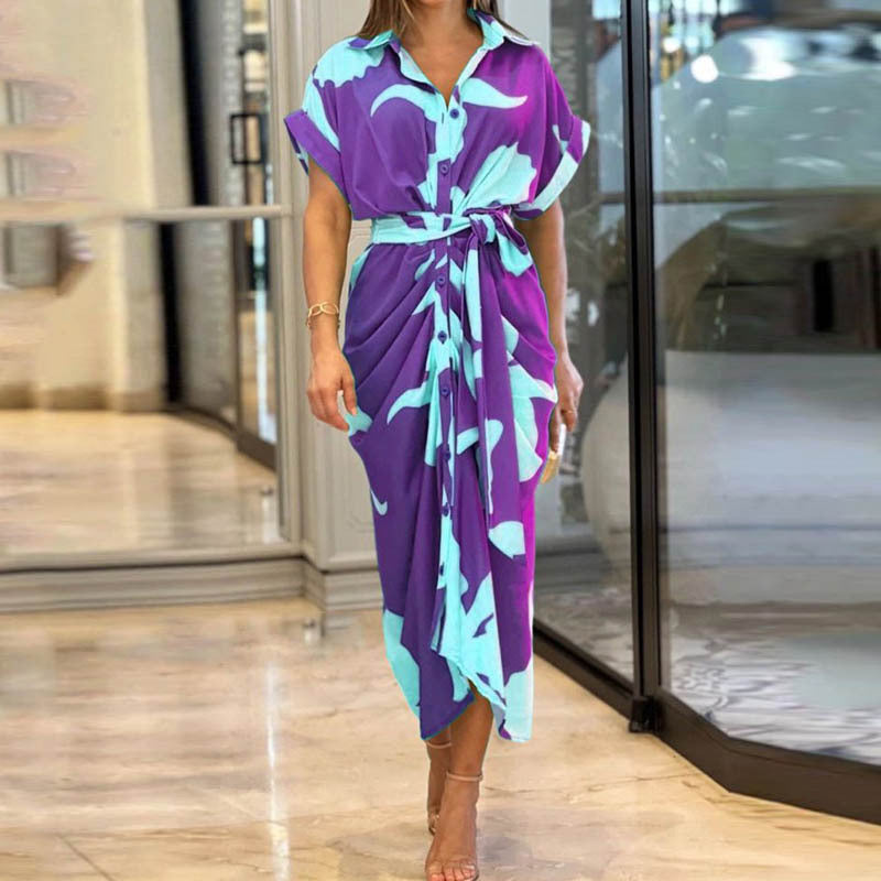 Women's Summer Printed Blouse Dress-Short Sleeve Lapel Dress