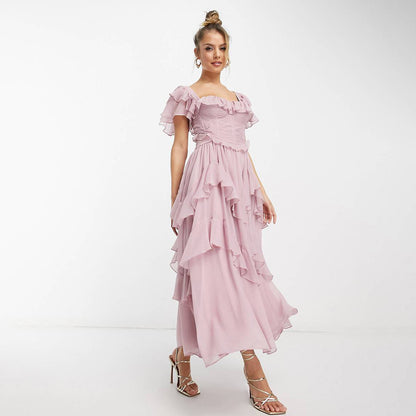 Elegant Summer Holiday Ruffle Maxi Dress – Backless Square Neck Style