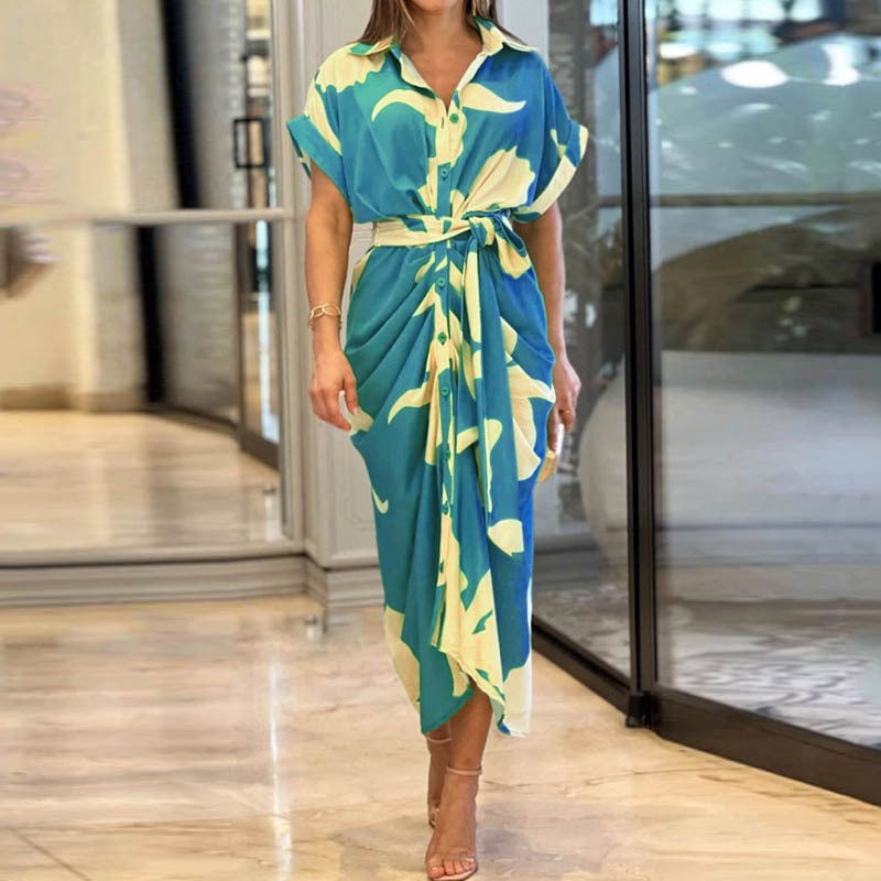 Women's Summer Printed Blouse Dress-Short Sleeve Lapel Dress