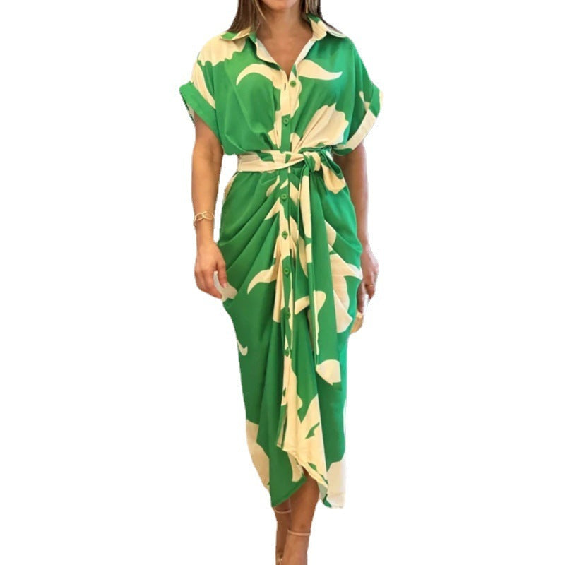 Women's Summer Printed Blouse Dress-Short Sleeve Lapel Dress