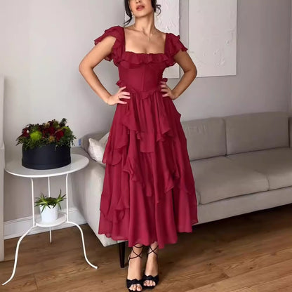 Elegant Summer Holiday Ruffle Maxi Dress – Backless Square Neck Style