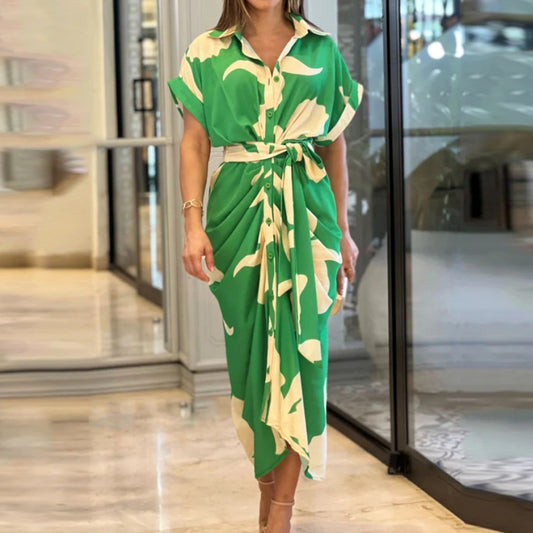 Women's Summer Printed Blouse Dress-Short Sleeve Lapel Dress