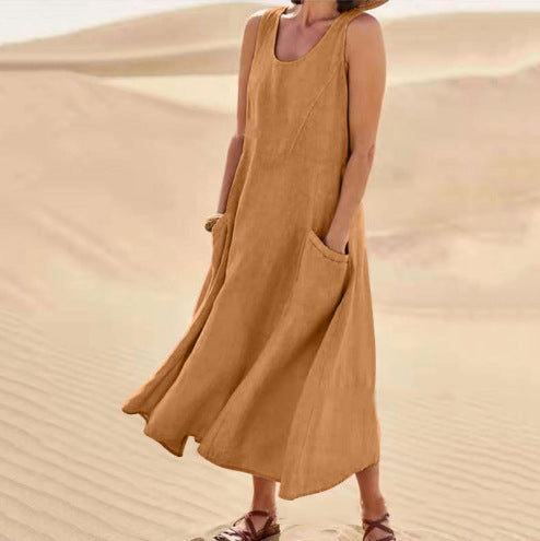 Summer Pocket Sleeveless Round Neck Women's Cotton And Linen Dress