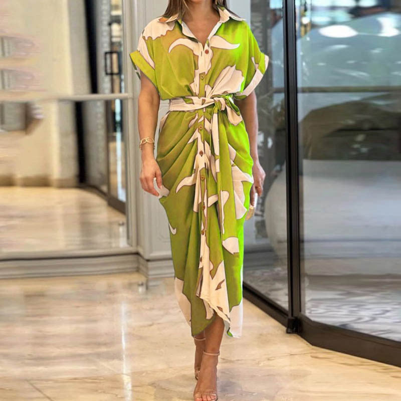 Women's Summer Printed Blouse Dress-Short Sleeve Lapel Dress