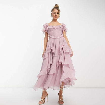Elegant Summer Holiday Ruffle Maxi Dress – Backless Square Neck Style